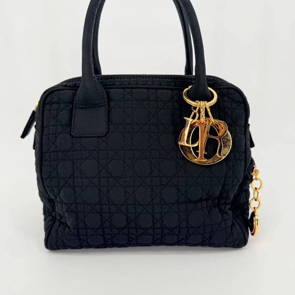 Vintage Dior Lady Dior Nylon Handbag Black Quilted Cannage Gold Charm Classic